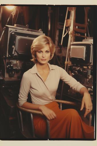 1970s polaroid paper photo of women short haired blonde creative character sitting in a director's chair at a movie set, movie set with cameras and set designs in the background --ar 2:3