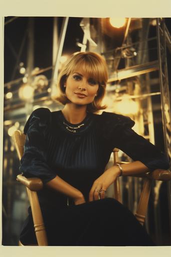 1970s polaroid paper photo of women short haired blonde creative character sitting in a director's chair at a movie set, movie set with cameras and set designs in the background --ar 2:3