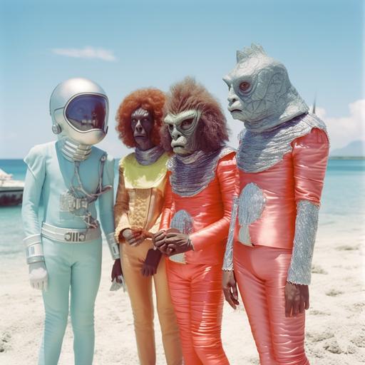 1970s retro scifi movie about a group of humanoid aliens by the beach, shot in dominican republic, galactic clothes, hyper realistic, wide cinematic shot, photographic, hyper detailed, kodachrome, low color, pastel colors
