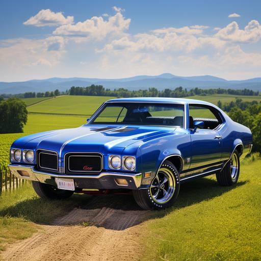 1972 oldsmobile cutlass 442 royal blue metallic color with black and blue wheels, captured in a country scenic picture, beautiful