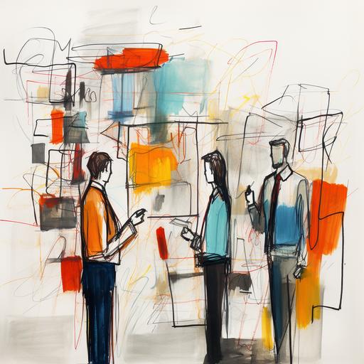 loose abstract drawing of people talking to each other standing in an office