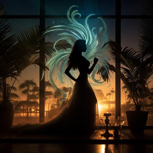 an extravagant middle eastern woman and a peacock dancing in a beach club, silhouette lighting, plant decoration, smoke and lights, minimalist, cinematic shot, studio quality
