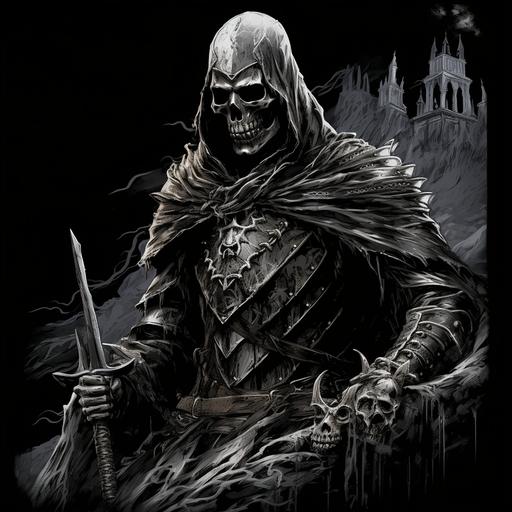 1980 dark fantasy skeleton knight grey scale spooky tee shirt design