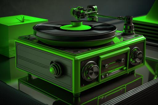 1980 neon green vinyl record player in fancy house bauhaus style, ultra-realistic, ultra-thin, detailed, 16k, photo-realistic, octave rendering, Hyper realistic photography HDMI. ISO1900. 35mm --ar 3:2 --v 4 --q 2