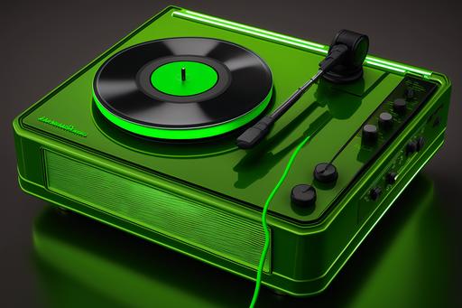 1980 neon green vinyl record player in fancy house bauhaus style, ultra-realistic, ultra-thin, detailed, 16k, photo-realistic, octave rendering, Hyper realistic photography HDMI. ISO1900. 35mm --ar 3:2 --v 4 --q 2