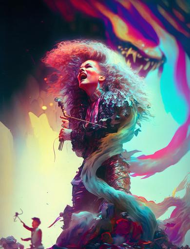 [1980s Glam Metal, 1980s Glam Rock, 1980s Hair metal] female performer on stage , wide angle, full body view, leather and spandex, colorful picture, big wavy curl red hair, hairspray, leopard-print textiles, outlandish mic pole,  --ar 3:4