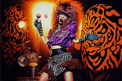 [1980s Glam Metal, 1980s Glam Rock, 1980s Hair metal] female performer , wide angle, full body view, leather and spandex, colorful picture, big wavy curl red hair, hairspray, leopard-print textiles, stage background, Marshall amp, outlandish mic pole ,  --ar 3:2 --c 100