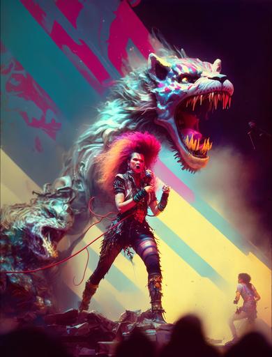 [1980s Glam Metal, 1980s Glam Rock, 1980s Hair metal] female performer on stage , wide angle, full body view, leather and spandex, colorful picture, big wavy curl red hair, hairspray, leopard-print textiles, outlandish mic pole,  --ar 3:4