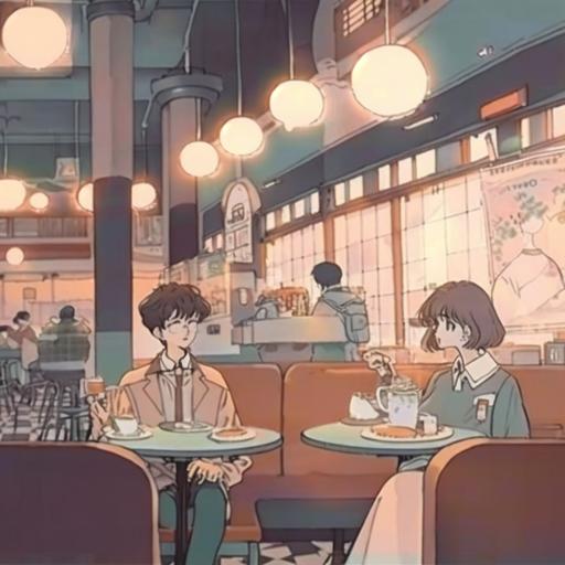 1980s anime, black girl and a boy having coffee at a big coffeeshop with hight cealing and industrial interior and nice chandelier, retro fashion, muted pastel colors, by Tsukasa Hojo and Toshihiro Kawamoto — ar 3:2 --niji 4