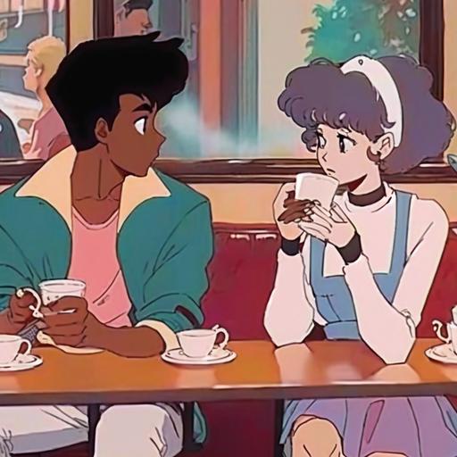 1980s anime, black girl and a boy having coffee at a coffeeshop, retro fashion, muted pastel colors, by Tsukasa Hojo and Toshihiro Kawamoto — ar 3:2 --niji 4