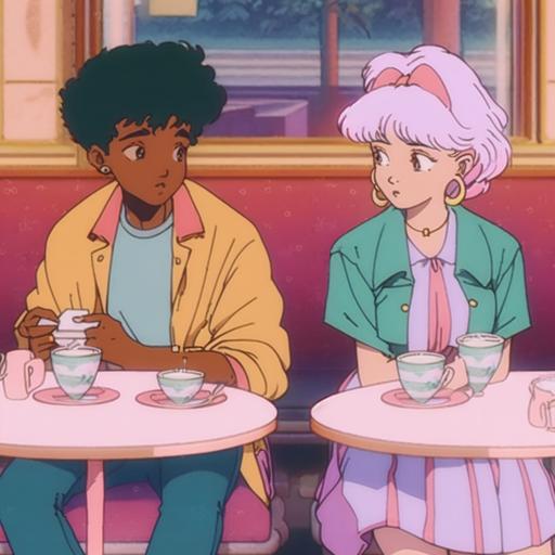 1980s anime, black girl and a boy having coffee at a coffeeshop, retro fashion, muted pastel colors, by Tsukasa Hojo and Toshihiro Kawamoto — ar 3:2 --niji 4