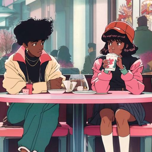 1980s anime, black girl and a boy having coffee at a coffeeshop, retro fashion, muted pastel colors, by Tsukasa Hojo and Toshihiro Kawamoto — ar 3:2 --niji 4