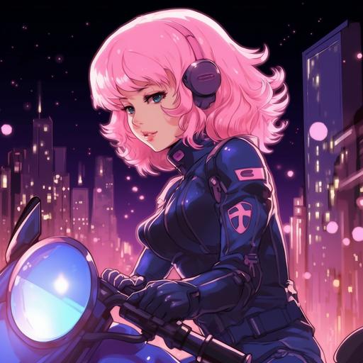 1980s anime girl riding pink motorcycle Tokyo black helmet night time with stars