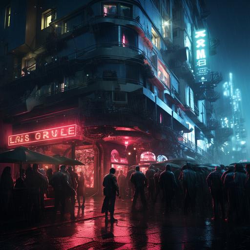 1980s cyberpunk city night club named “Lo’s Dungeon” outside entrance raining crowd in line
