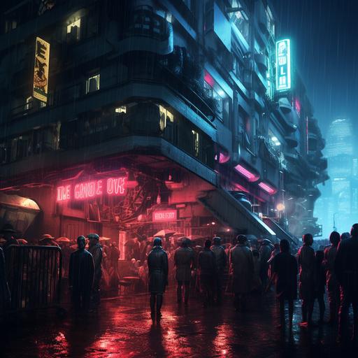 1980s cyberpunk city night club named “Lo’s Dungeon” outside entrance raining crowd in line