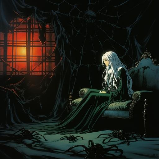 1980's dark fantasy anime still frame, beautiful latrodectus woman, facing camera and smiling gently, long white hair, spider legs attatched to torso, sitting in spiderweb bed in dark bedroom, dark green velvet curtains, sinister lighting, dust motes, vintage anime, dark fantasy anime
