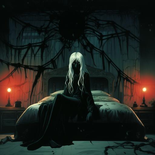 1980's dark fantasy anime still frame, latrodectus woman, facing camera and smiling gently, long white hair, spider legs attatched to torso, sitting in spiderweb bed in dark bedroom, dark green velvet curtains, sinister lighting, dust motes, vintage anime, dark fantasy anime, ar--3:2