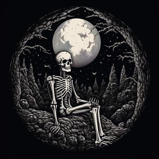 1980’s dark fantasy skeleton night rough grey scale black and white tee shirt design