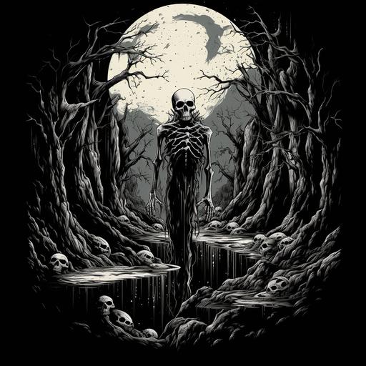 1980’s dark fantasy skeleton night rough grey scale black and white tee shirt design