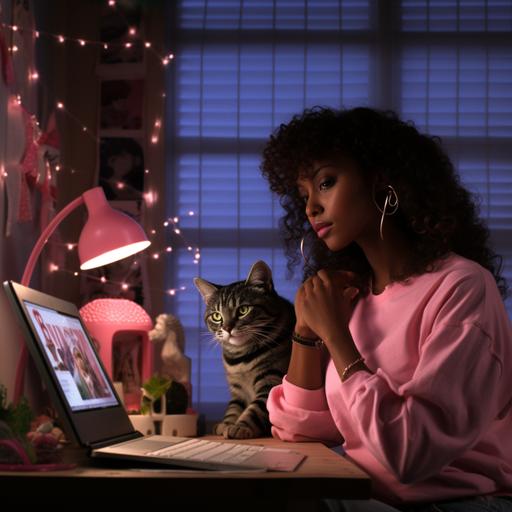 1980s fantasy, an upper body fantasy character portrait of a black Carrie Bradshaw, early 20s with olive to medium dark skin, on the edge of her full size bed crisscrossed using her laptop in her messy pink studio bedroom, her white cat sleeps right next her at she looks at the screen with a somewhat sleepy face - long shot, cinematic, detailed