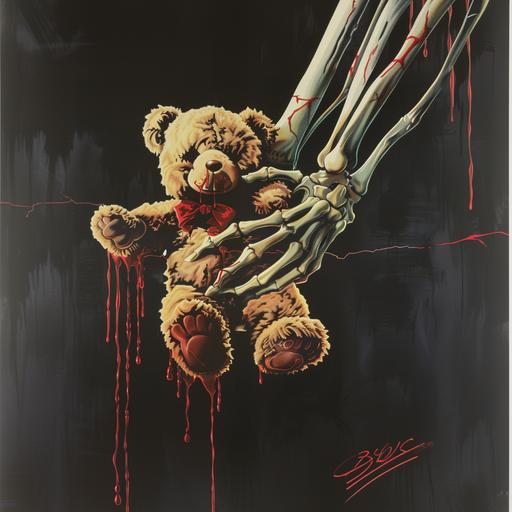 1980s horror movie poster, VHS cover art, rental sticker, slasher movie poster art, a skeleton hand grips a teddy bear tightly, red liquid drips, plain black background --v 6.0