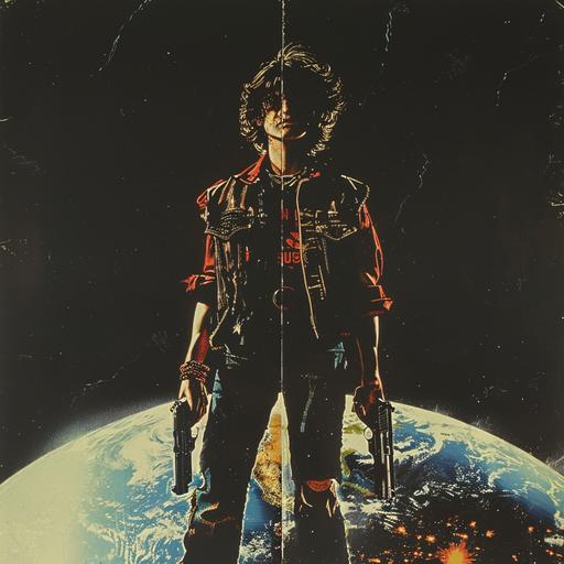 1980s horror movie poster, VHS cover art, rental sticker, slasher movie poster art, a punk teen stands in front of earth holding 2 guns, plain black background