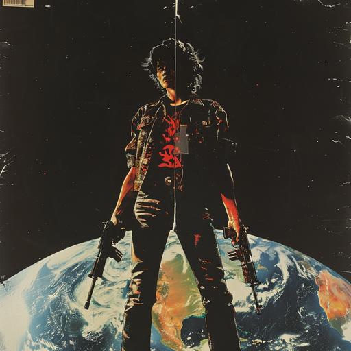 1980s horror movie poster, VHS cover art, rental sticker, slasher movie poster art, a punk teen stands in front of earth holding 2 guns, plain black background