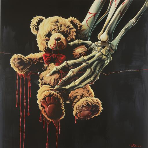 1980s horror movie poster, VHS cover art, rental sticker, slasher movie poster art, a skeleton hand grips a teddy bear tightly, red liquid drips, plain black background --v 6.0