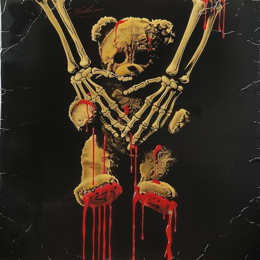 1980s horror movie poster, VHS cover art, rental sticker, slasher movie poster art, a skeleton hand grips a teddy bear tightly, red liquid drips, plain black background