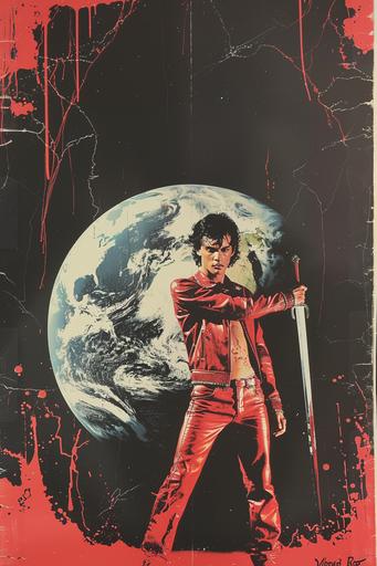 1980s horror movie poster, VHS cover art, rental sticker, slasher movie poster art, a punk teen wearing red leather stands in front of giant earth, stabbing it with a sword, red liquid spilling out, plain black background --v 6.0 --ar 2:3