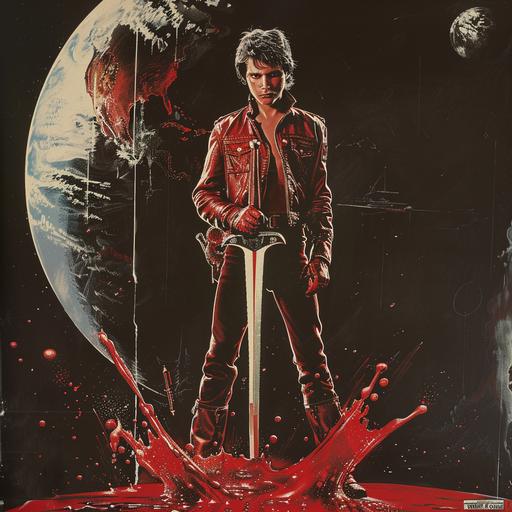 1980s horror movie poster, VHS cover art, rental sticker, slasher movie poster art, a punk teen wearing red leather stands in front of giant earth, stabbing it with a sword, red liquid spilling out, plain black background --v 6.0