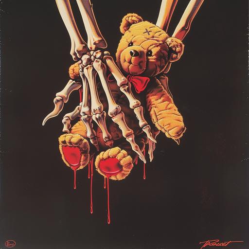 1980s horror movie poster, VHS cover art, rental sticker, slasher movie poster art, a skeleton hand grips a teddy bear tightly, red liquid drips, plain black background --v 6.0