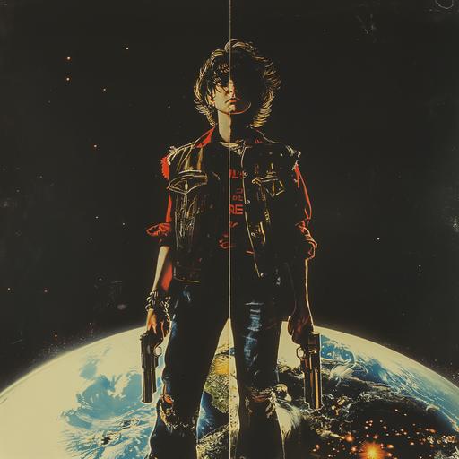 1980s horror movie poster, VHS cover art, rental sticker, slasher movie poster art, a punk teen stands in front of earth holding 2 guns, plain black background --v 6.0