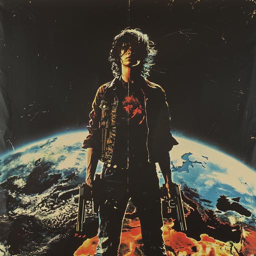 1980s horror movie poster, VHS cover art, rental sticker, slasher movie poster art, a punk teen stands in front of earth holding 2 guns, plain black background