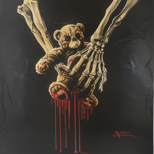 1980s horror movie poster, VHS cover art, rental sticker, slasher movie poster art, a skeleton hand grips a teddy bear tightly, red liquid drips, plain black background --v 6.0