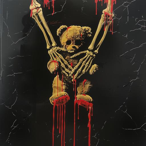 1980s horror movie poster, VHS cover art, rental sticker, slasher movie poster art, a skeleton hand grips a teddy bear tightly, red liquid drips, plain black background