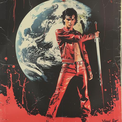 1980s horror movie poster, VHS cover art, rental sticker, slasher movie poster art, a punk teen wearing red leather stands in front of giant earth, stabbing it with a sword, red liquid spilling out, plain black background --v 6.0