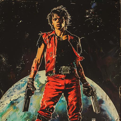 1980s horror movie poster, VHS cover art, rental sticker, slasher movie poster art, a punk teen stands in front of earth holding 2 guns and wearing red leather and cut off sleeves, plain black background