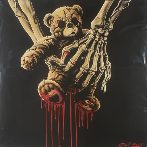 1980s horror movie poster, VHS cover art, rental sticker, slasher movie poster art, a skeleton hand grips a teddy bear tightly, red liquid drips, plain black background --v 6.0