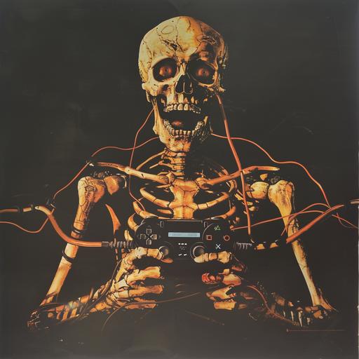 1980s horror movie poster, VHS horror cover art, a Video game controller jammed into the mouth of a eerie skeleton, plain black background --v 6.0