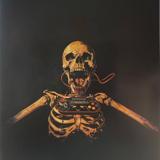 1980s horror movie poster, VHS horror cover art, a Video game controller jammed into the mouth of a eerie skeleton, plain black background --v 6.0