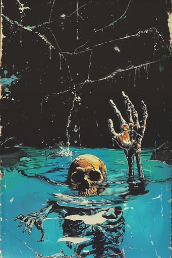1980s horror movie poster art, 1980s horror cover art, half in half out of water, a decaying skull rises from a pool, a skeleton arm and hand rises with it, blue pool water, eerie reflections, black background, horror movie artwork, 80s VHS cover art, Vestron VHS, Stephen King inspired --v 6.0 --ar 2:3