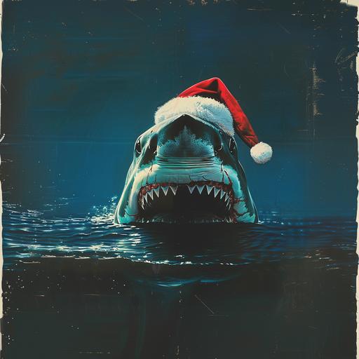 1980s horror movie poster art based on the horror movie JAWS where a shark has on a Santa Claus hat swimming just under the surface of th water, VHS horror movie cover, plain black background