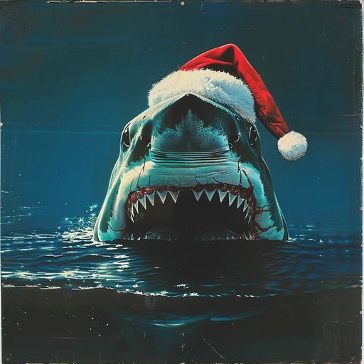 1980s horror movie poster art based on the horror movie JAWS where a shark has on a Santa Claus hat swimming just under the surface of th water, VHS horror movie cover, plain black background