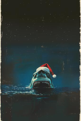 1980s horror movie poster art based on the horror movie JAWS where a shark has on a Santa Claus hat swimming just under the surface of th water, VHS horror movie cover, plain black background --ar 2:3