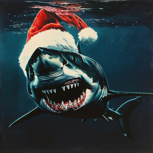 1980s horror movie poster art based on the horror movie JAWS where a shark has on a Santa Claus hat, swimming up towards the surf of the water, VHS horror movie cover, plain black background --v 6.0