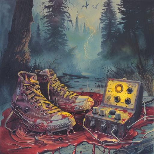 1980s horror movie poster art, creepy illustration, cover art, two converse shoes sitting in a pool of red liquid, the front of the shoes are torn and you can see skeleton feet hanging out, and leg bones extend from out of the shoes, a stomp box pedal sits nearby with yellow light shining out from it ,eerie atmosphere of pine trees and fog background, owl eyes glow sharp in the darkness --v 6.0