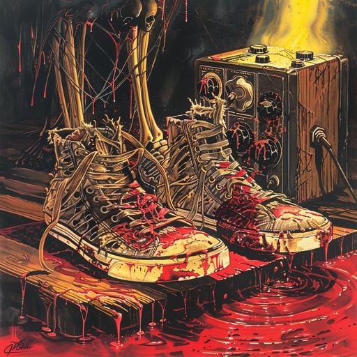 1980s horror movie poster art, creepy illustration, cover art, two skate shoes sitting in a pool of red liquid on a rotting wooden floor, the front of the shoes are torn and you can see skeleton feet hanging out, and leg bones extend from out of the shoes, a stomp box pedal sits nearby with yellow light shining on, eerie atmosphere, H.R. Giger inspired, cosmic horror --v 6.0