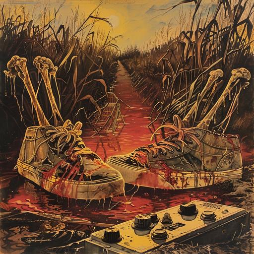 1980s horror movie poster art, creepy illustration, cover art, two skate shoes sitting in a pool of red liquid, the front of the shoes are torn and you can see skeleton feet hanging out, and leg bones extend from out of the shoes, a stomp box pedal sits nearby with yellow light shining on, eerie atmosphere, muddy cornfield background --v 6.0