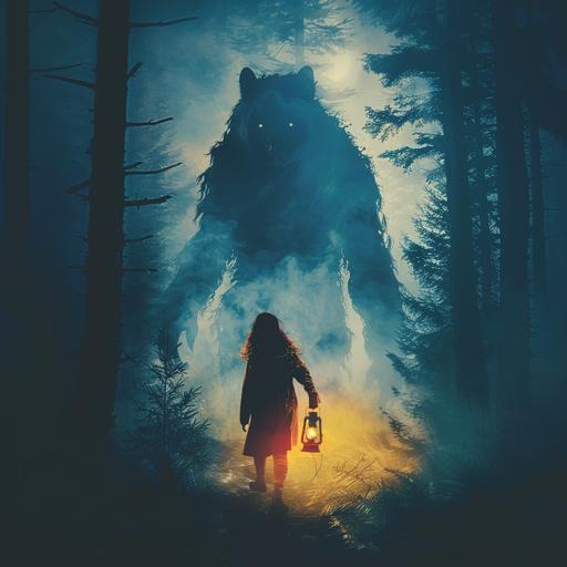 1980s horror movie poster art, creepy illustration, cover art, a girl's hand extends from the photo holding a kerosene lantern, shining light upon the floor of a dark pine forest, a silhouette of a large werewolf standing in the background, eerie atmosphere, creepy mood, foggy and misty --v 6.0
